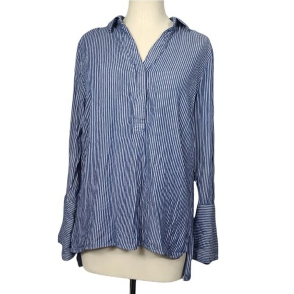 Beachlunchlounge Striped V Neck Bell Sleeves Hi Low Rayon Blouse M